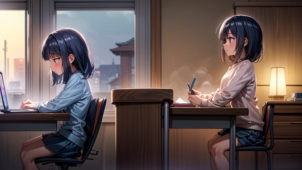 "Anime-style 10-year-old girl in casual clothing, shown in profile, studying intently at her laptop in her room. The setting is tranquil and nocturnal, with a steaming cup of coffee on the desk. Only the girl is visible."