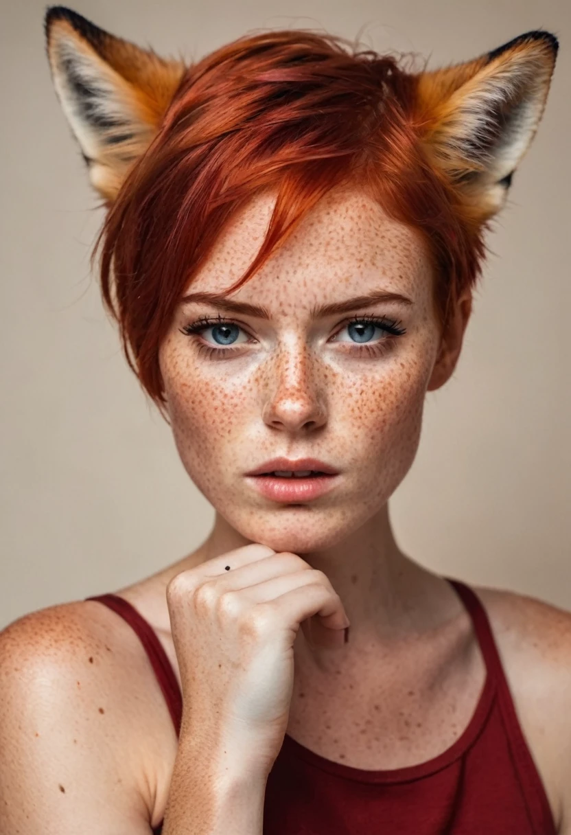 An angry girl with red hair on her face, sexy freckles, freckles on her face and hair, red, thin and elegant, short hair on her hand, an evil fox.