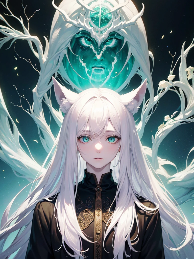 A psychologist with a white coat and wolf ears, beautiful, albino, tall, 28 years old, with his two twin sisters with emerald green eyes.