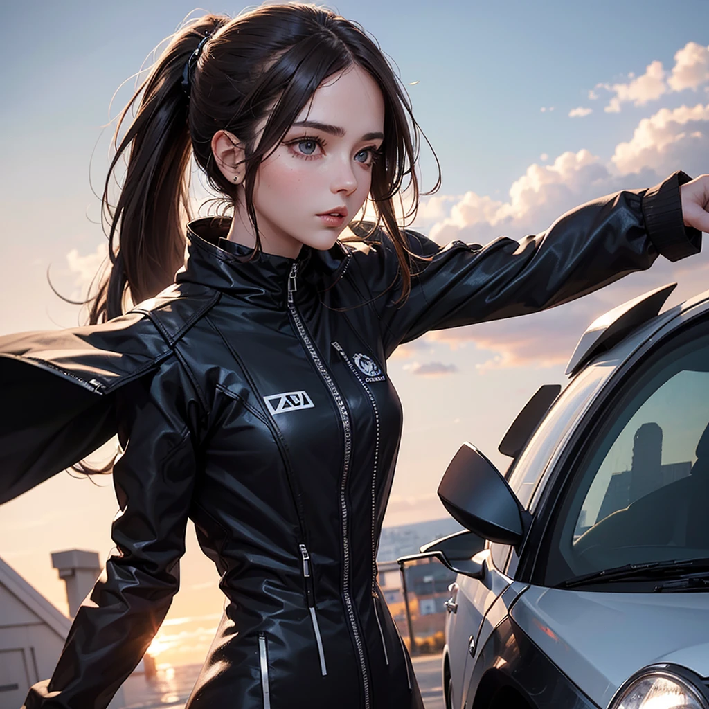 1girl. brown hair girl face. White eye, silver eye. Sun at dawn reflecting on hair. Ponytail. Spy suit . Black jacket