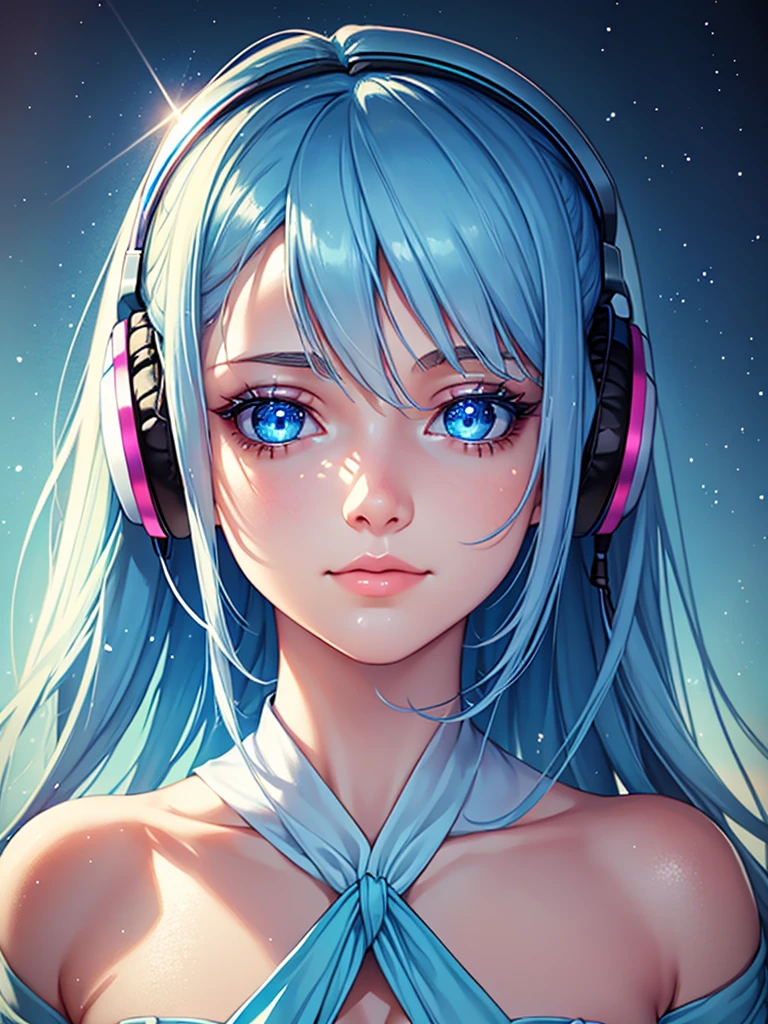 a beautiful young woman with sparkling blue eyes, pastel blue jumpsuit, listening to music in her headsets, detailed portrait, masterpiece, photorealistic, intricate details, vibrant colors, glowing skin, dreamlike, serene expression, soft lighting, ethereal, whimsical, elegant