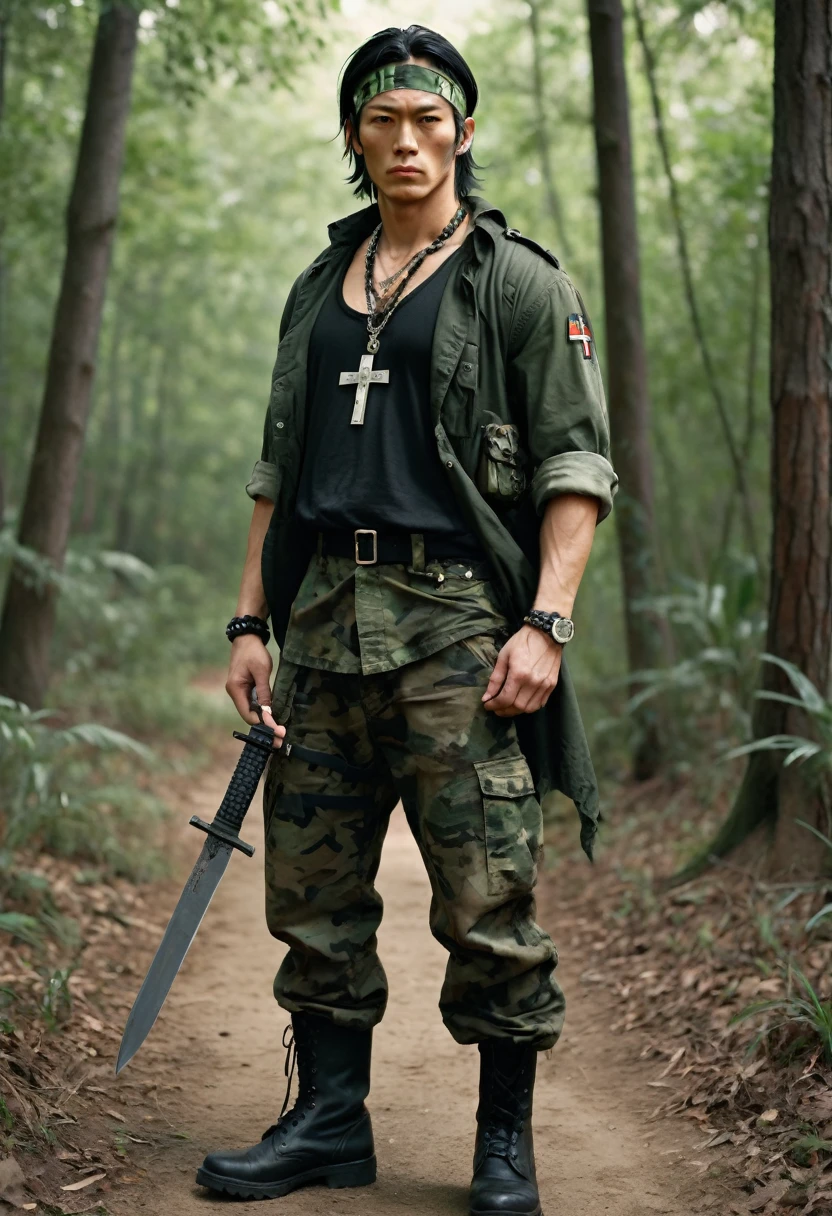 Masashi is a tall, extremely muscular man. His face has very rough features, such as dark, deep eyes. Her long black, shrunken hair runs down to the back of her neck and is held in a forest camouflage bandana.
In addition to his bandana, his outfit consists of a black tank top and dark green cargo pants. He is sometimes seen wearing a dark green, unbuttoned military coat with rolled-up sleeves at the elbows. His accessories consist of two dark green headbands, one worn on each wrist, and a small necklace of the cross of Christianity. He wears camouflage combat boots. He carries a combat knife, which he uses in battle.