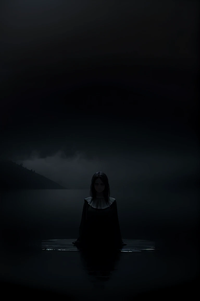 Foggy night, dark lake, woman in white on the water, blurred vision, dark evening, Scene from horror, scary scene, good lighting woman on top of water, fog over the water 