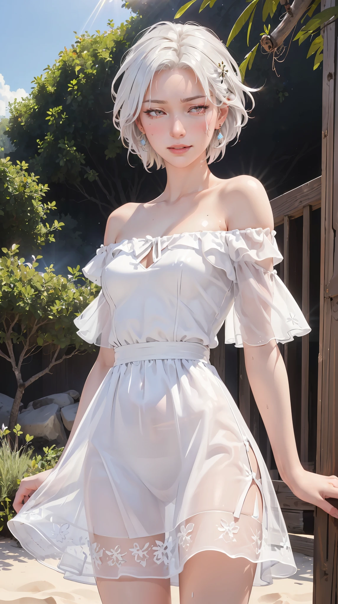 ((((masterpiece, best quality, high resolution)))), Extremely detailed 8K, Beautiful girl with voluptuous body, (Ultra HD, Ultra-detailed, Highly detailed, Highly realistic, Ultra-realistic, photograph realistic), (1girl:1.5), (Realistic white hair), (short silky hair, hair ornaments, earrings), (dynamic poses), facing at camera, looking at viewer, (blushing red, embarrassed, exhausted, smirk), (bright red eyes, sharp eyes), (small perky breasts:1.2), (wide hips:1.2), (beautiful detailed face, beautiful detailed eyes), ((white translucent off shoulder mini sundress)), (detail pussy), (standing up:1.3), sweat, glow, (sunbeam, sunlight), ((cowboy shot)), beach, seductive, glistening sweat