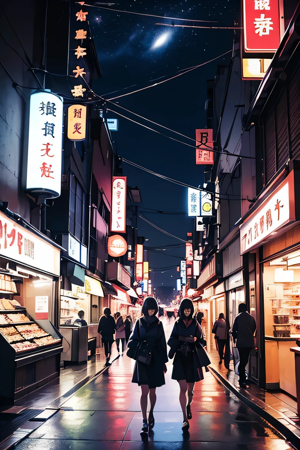 Two young Japanese girls walking through the streets of Tokyo. Dark streets with illuminated shop signs, neon lights lit, stars in the sky. A frame all around. Photographer realistic photo