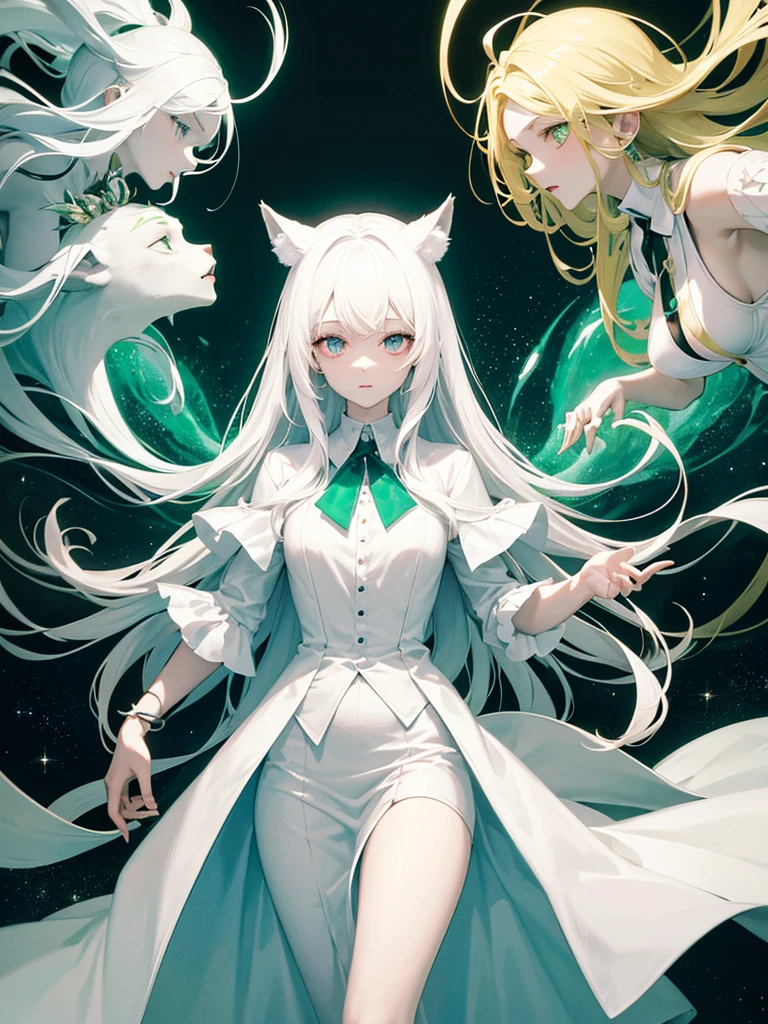 A psychologist with a white coat and wolf ears, beautiful, albino, tall, 28 years old, with his two twin sisters with emerald green eyes.