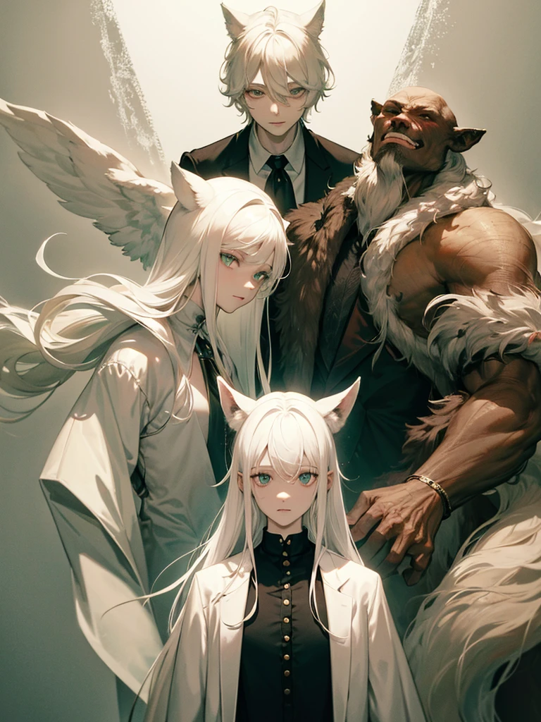 A psychologist with a white coat and wolf ears, beautiful, albino, tall, 28 years old, with his two twin sisters with emerald green eyes.
