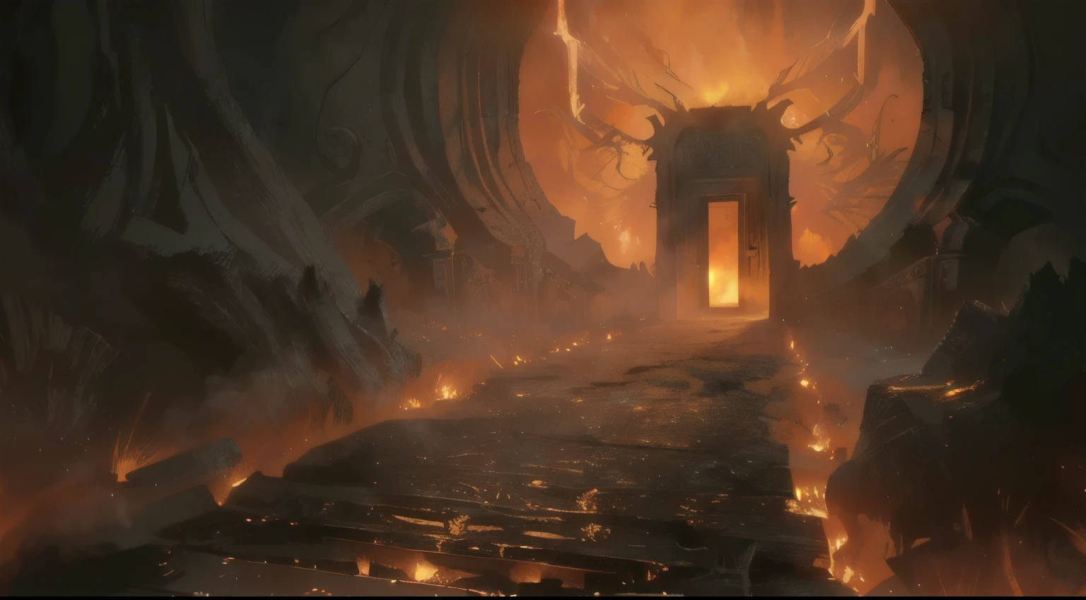 "Create an ominous scene featuring a massive, ancient door engulfed in flames. The door is intricately carved with demonic symbols and grotesque faces, its wood charred and blackened by the intense heat. Flames lick around the edges, casting an eerie, flickering glow that illuminates the surrounding darkness. The door is slightly ajar, revealing a glimpse of the fiery inferno beyond. Shadows dance in the firelight, hinting at the tormented souls and chaotic landscape that lies within. The atmosphere should be foreboding, with a sense of impending doom and unholy power emanating from the door."

