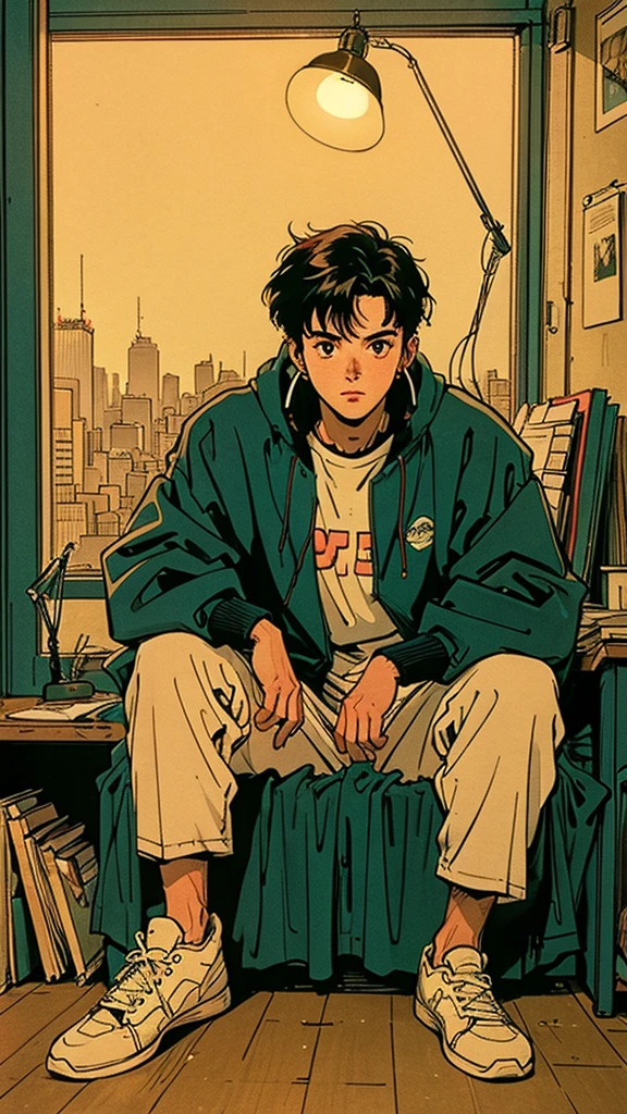 80s anime style: A muscular 25-year-old man with short, spiky hair in dimly lit bedroom at night. Sitting at desk with books, wearing headphones and loose parka. Coffee, relax. Kind face looking at viewer. Full body visible in relaxed pose. Room lit by desk lamp. Large window shows vibrant Tokyo night cityscape with neon lights. High-quality illustration emphasizing contrast between dark room and bright city lights.