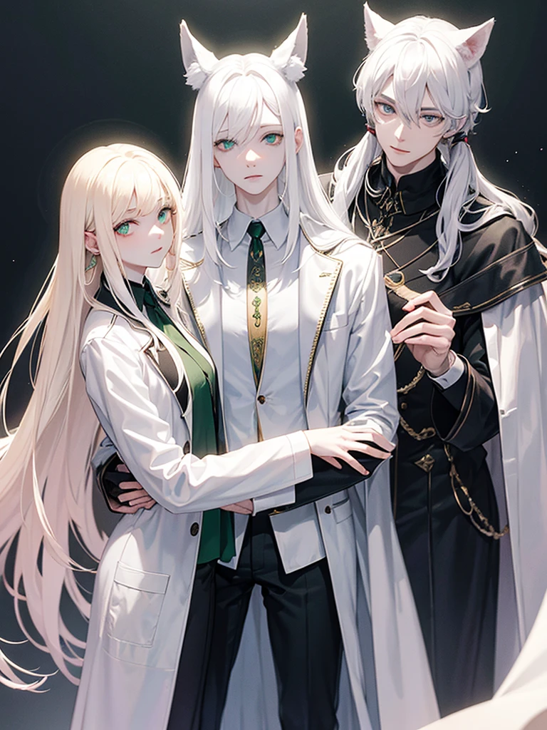 A psychologist with a white coat and wolf ears, beautiful, albino, tall, 28 years old, with his two twin sisters with emerald green eyes.
