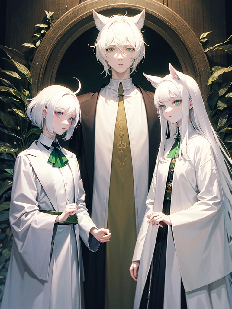 A psychologist with a white coat and wolf ears, beautiful, albino, tall, 28 years old, with his two twin sisters with emerald green eyes.