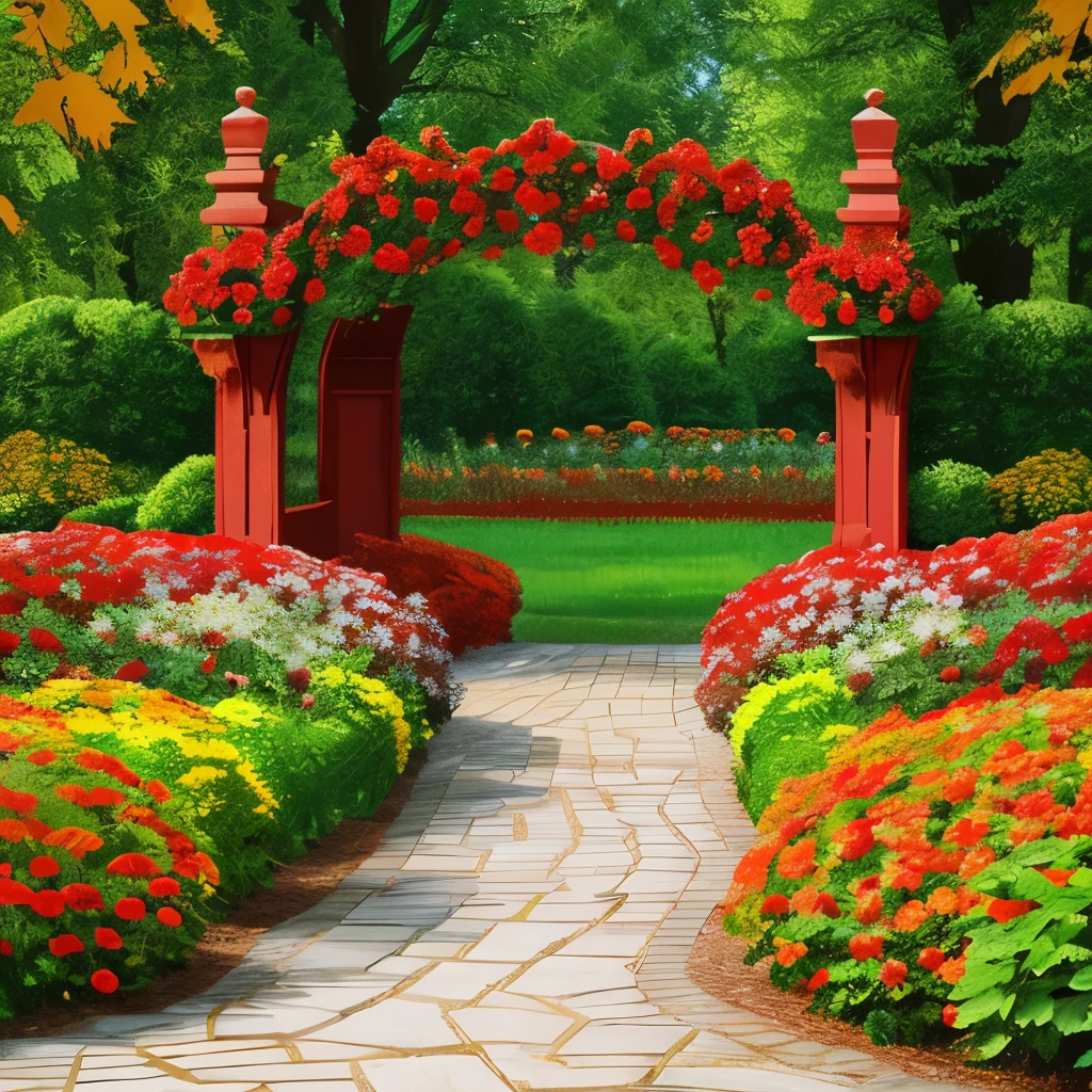 there is a gate in the middle of a garden with red flowers, a digital rendering by Pamela Drew, cg society contest winner, fine art, flame shrubs, in red gardens, cottagecore flower garden, red blooming flowers, autumn overgrowth, glimpse of red, vibrant but dreary red, in a cottagecore flower garden, vibrant red and green colours