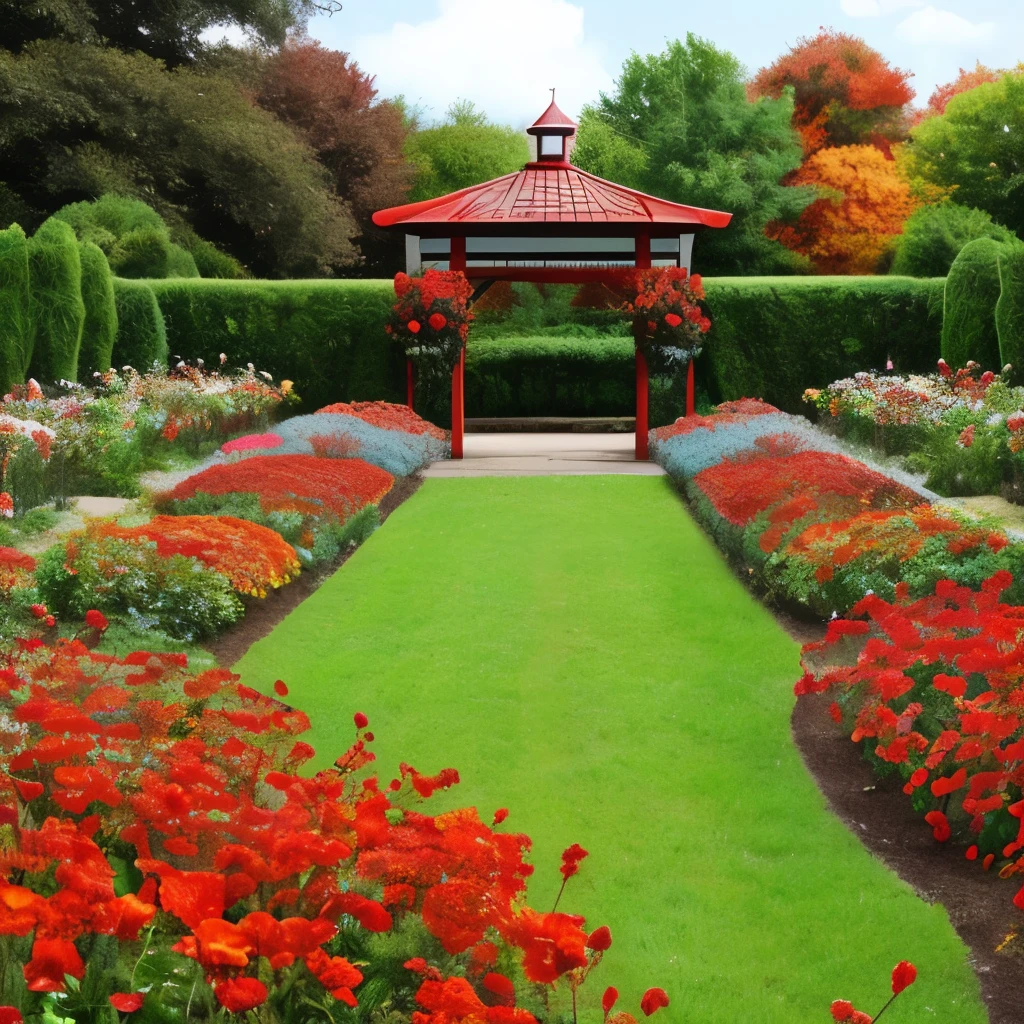 there is a gate in the middle of a garden with red flowers, a digital rendering by Pamela Drew, cg society contest winner, fine art, flame shrubs, in red gardens, cottagecore flower garden, red blooming flowers, autumn overgrowth, glimpse of red, vibrant but dreary red, in a cottagecore flower garden, vibrant red and green colours
