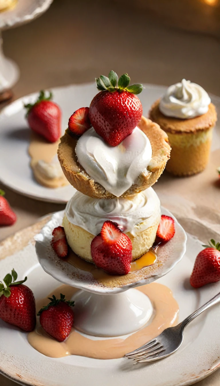 A close-up shot of a decadent cream dessert, garnished with a vibrant strawberry slice and a hint of a camel toe-shaped pastry crust, set against a warm beige or golden background, softly lit by a single table lamp to emphasize the textures and creamy whiteness. The dessert is posed on a vintage-style ceramic plate or glass pedestal, adding to the inviting atmosphere.