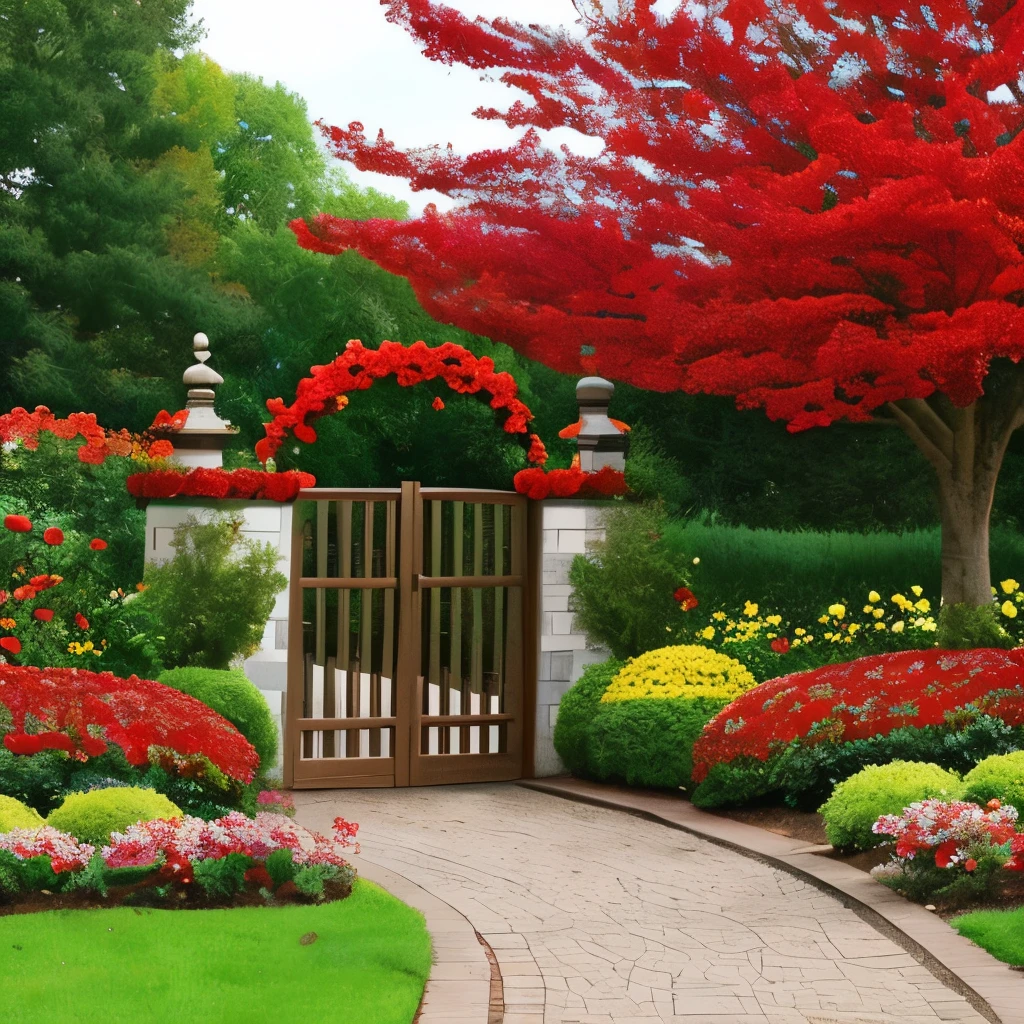 there is a gate in the middle of a garden with red flowers, a digital rendering by Pamela Drew, cg society contest winner, fine art, flame shrubs, in red gardens, cottagecore flower garden, red blooming flowers, autumn overgrowth, glimpse of red, vibrant but dreary red, in a cottagecore flower garden, vibrant red and green colours