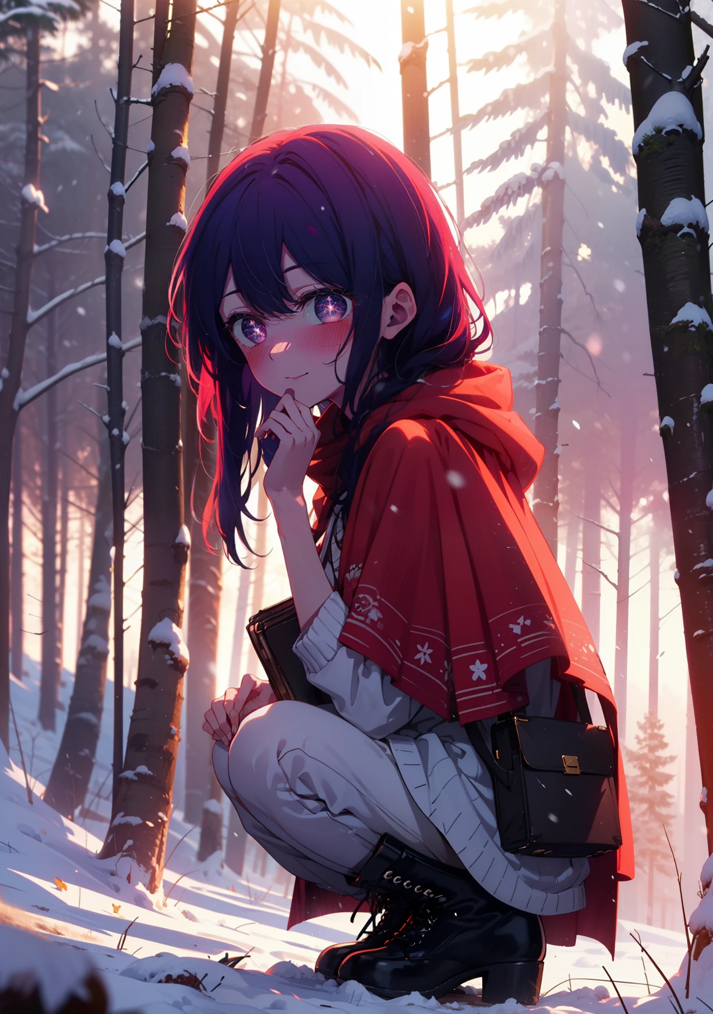 aihoshino, Ai Hoshino, Long Hair, bangs, (Purple eyes:1.1), Purple Hair, (Symbol-shaped pupil:1.5), smile,,smile,blush,white breath,
Open your mouth,snow,Ground bonfire, Outdoor, boots, snowing, From the side, wood, suitcase, Cape, Blurred, , forest, White handbag, nature, Squat, Mouth closed, Cape, winter, Written boundary depth, Black shoes, red Cape break looking at viewer, Upper Body, whole body, break Outdoor, forest, nature, break (masterpiece:1.2), Highest quality, High resolution, unity 8k wallpaper, (shape:0.8), (Beautiful and beautiful eyes:1.6), Highly detailed face, Perfect lighting, Extremely detailed CG, (Perfect hands, Perfect Anatomy),
