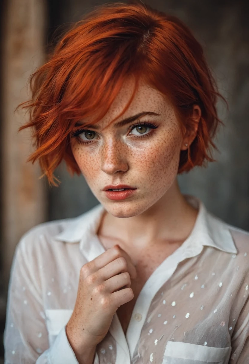 An angry girl with red hair on her face, sexy freckles, freckles on her face and hair, red, thin and elegant, short hair on her hand, an evil fox.