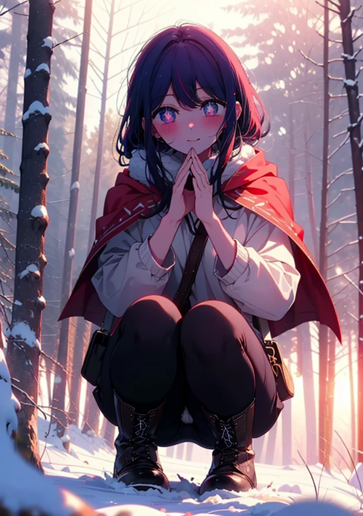 aihoshino, Ai Hoshino, Long Hair, bangs, (Purple eyes:1.1), Purple Hair, (Symbol-shaped pupil:1.5), smile,,smile,blush,white breath,
Open your mouth,snow,Ground bonfire, Outdoor, boots, snowing, From the side, wood, suitcase, Cape, Blurred, , forest, White handbag, nature,  Squat, Mouth closed, Cape, winter, Written boundary depth, Black shoes, red Cape break looking at viewer, Upper Body, whole body, break Outdoor, forest, nature, break (masterpiece:1.2), Highest quality, High resolution, unity 8k wallpaper, (shape:0.8), (Beautiful and beautiful eyes:1.6), Highly detailed face, Perfect lighting, Extremely detailed CG, (Perfect hands, Perfect Anatomy),