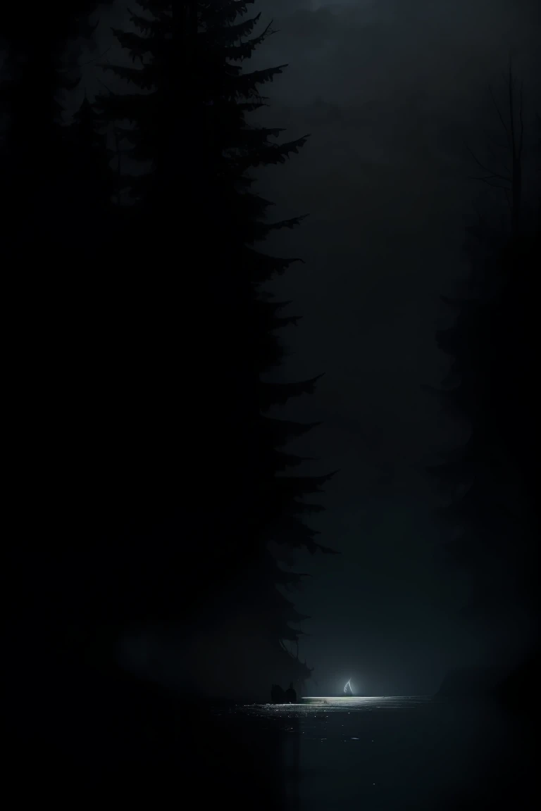 Fog and dense sawdust over a dark lake during a dark night, trees around, horror scene macabre image