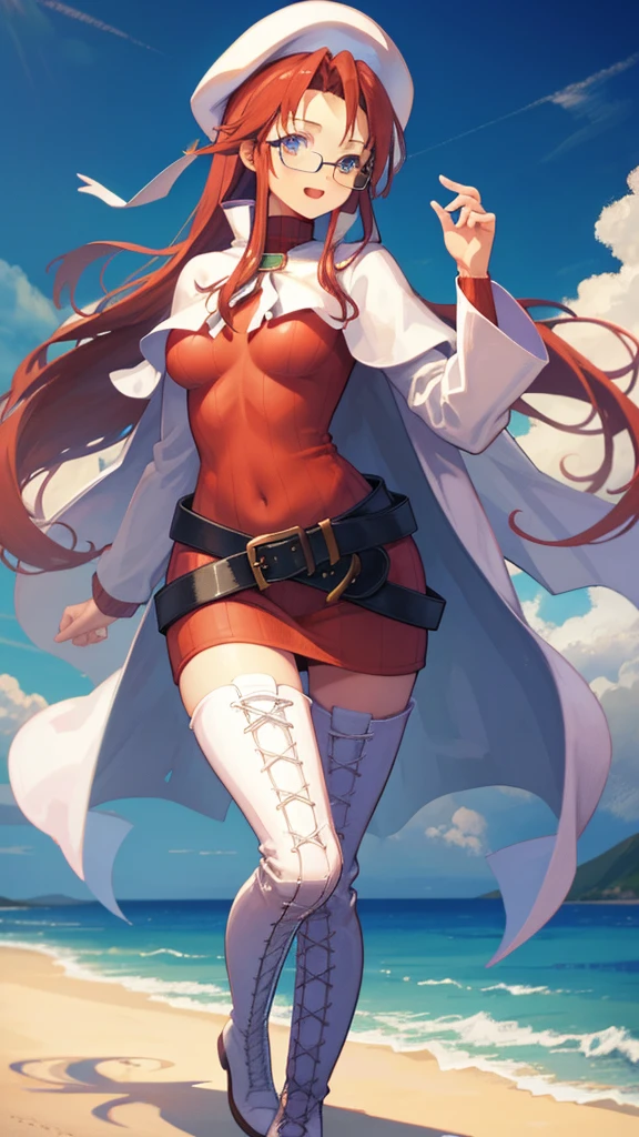 summonnightaty, aty, long hair, blue eyes, red hair, beret, hat, glasses,
BREAK long hair, thighhighs, hat, dress, boots, glasses, belt, cape, sweater, zettai ryouiki, beret, thigh boots, black leather footwear, ribbed sweater, loose belt,solo,
BREAK outdoors, fantasy_town,
BREAK (masterpiece:1.2), best quality, high resolution, unity 8k wallpaper, (illustration:0.8), (beautiful detailed eyes:1.6), extremely detailed face, perfect lighting, extremely detailed CG, (perfect hands, perfect anatomy),(covered_nipples:1.3),covered_navel,light_smile,dynamic_posing ,walking,(half_eyes:1.2),light_open_mouth,sword,armpit