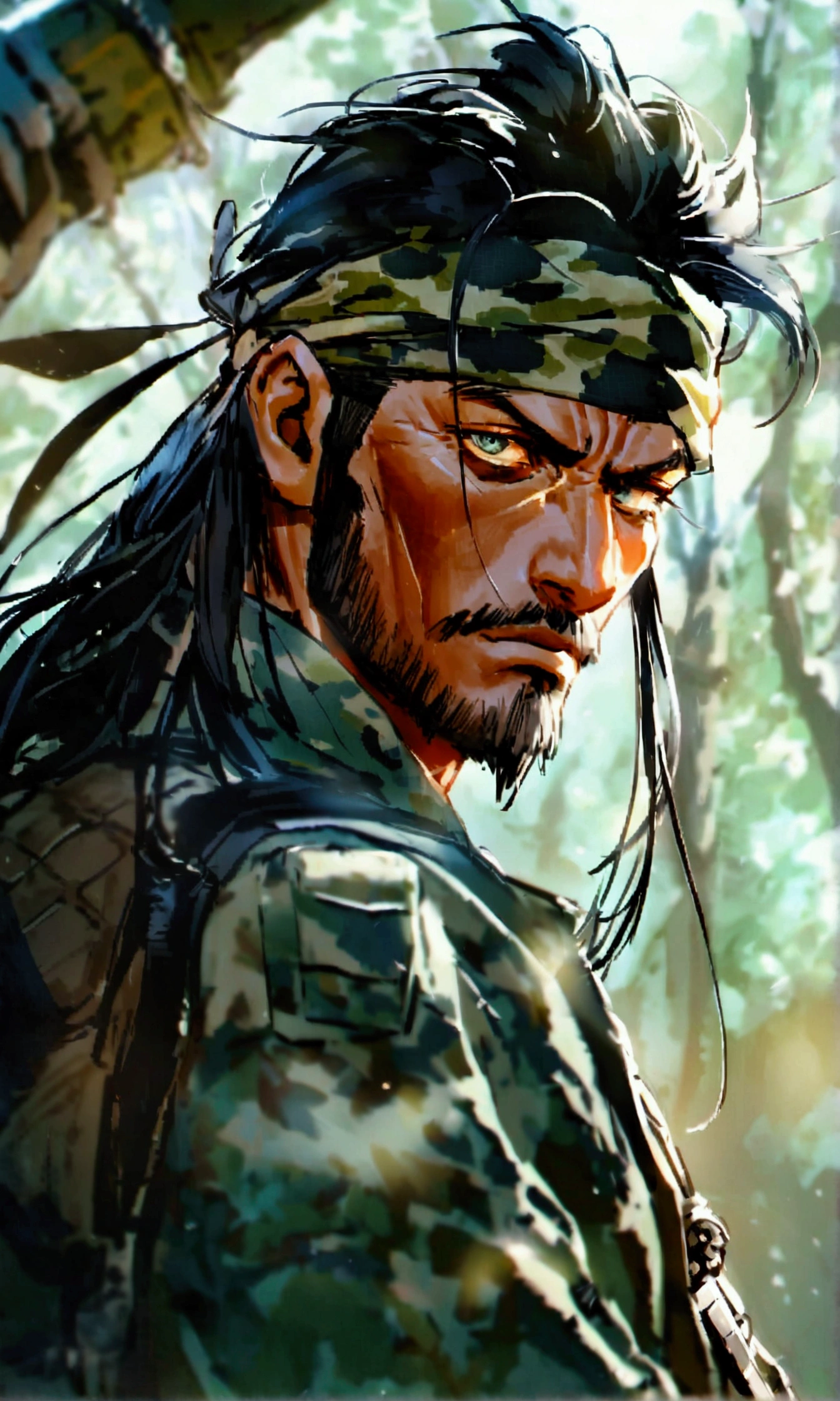 Masashi is a tall, extremely muscular man. His face has very rough features, such as dark, deep eyes. Her long black, shrunken hair runs down to the back of her neck and is held in a forest camouflage bandana.
In addition to his bandana, his outfit consists of a black tank top and dark green cargo pants. He is sometimes seen wearing a dark green, unbuttoned military coat with rolled-up sleeves at the elbows. His accessories consist of two dark green headbands, one worn on each wrist, and a small necklace of the cross of Christianity. He wears camouflage combat boots. He carries a combat knife, which he uses in battle.