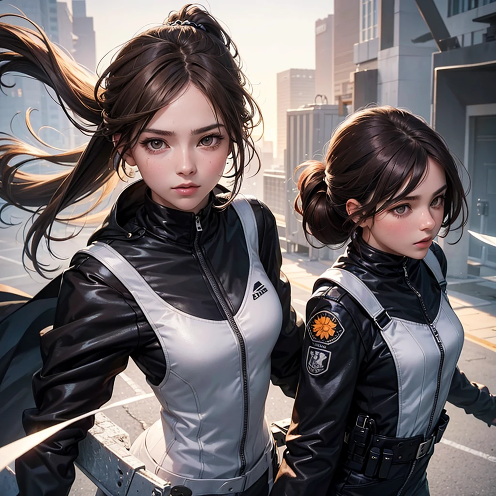 1girl's face .brown hair. White eye, silver eye. Sun at dawn reflecting on hair. Ponytail. Spy suit . Black jacket