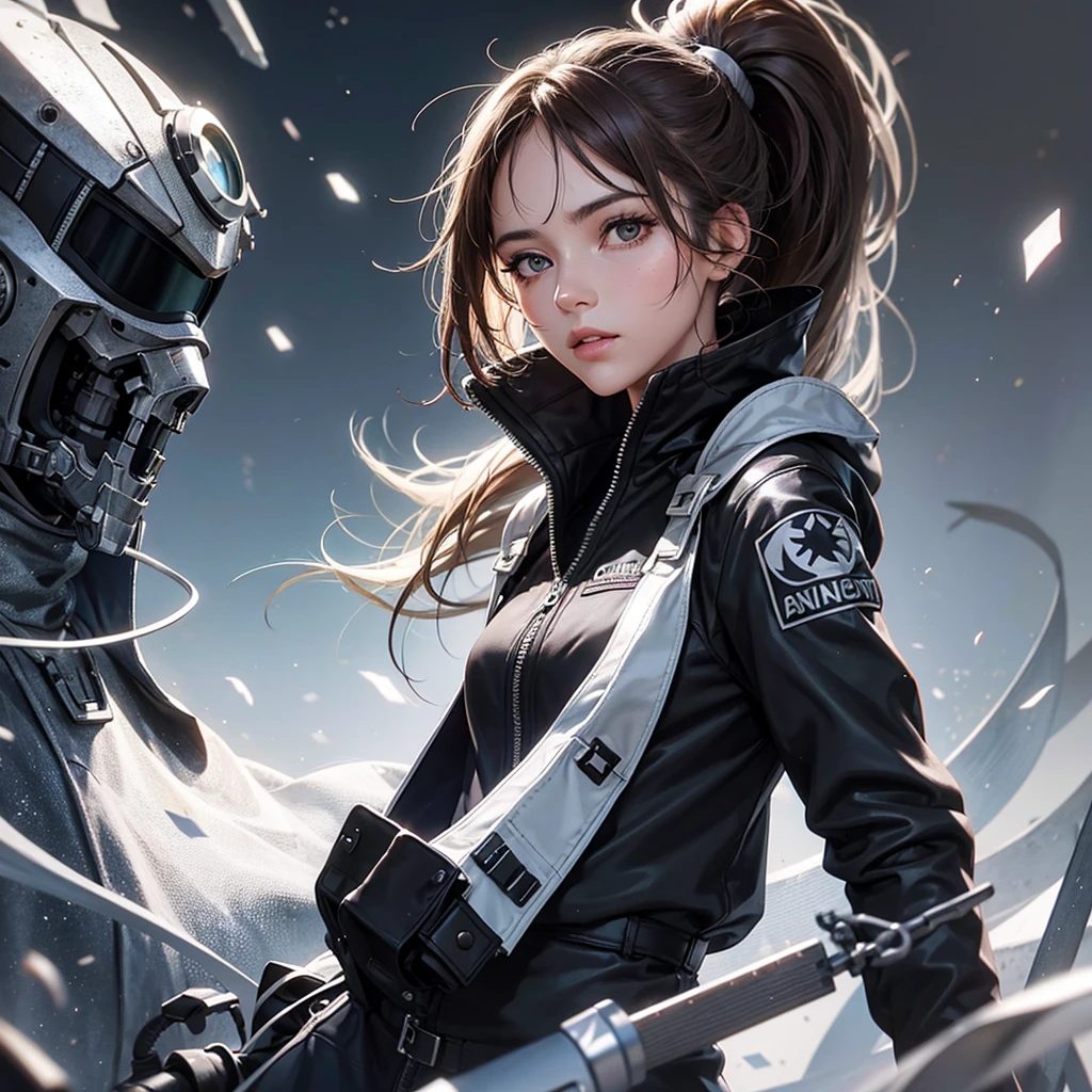 1girl's face .brown hair. White eye, silver eye. Sun at dawn reflecting on hair. Ponytail. Spy suit . Black jacket