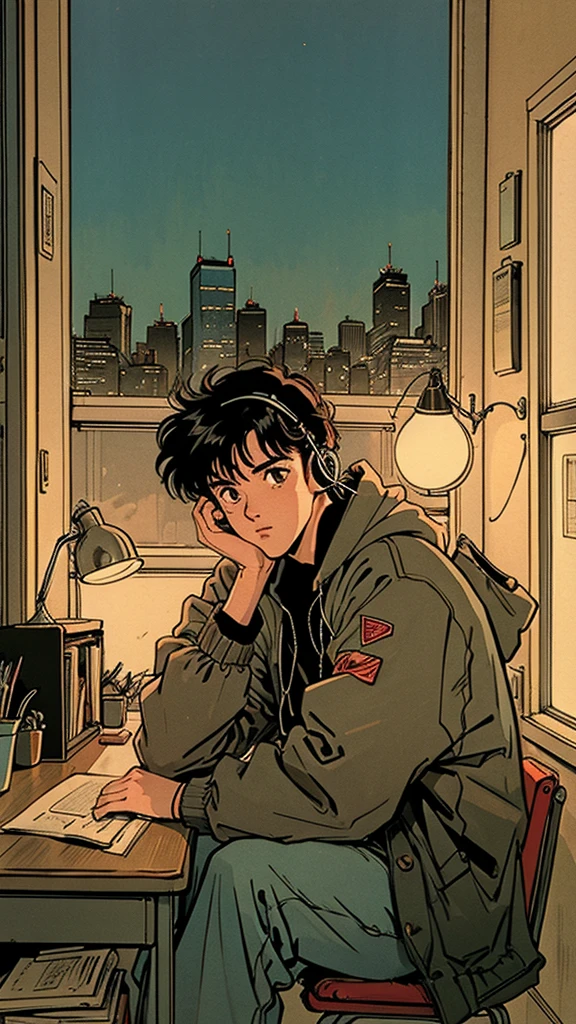 80s anime style: A muscular 25-year-old man with short, spiky hair in dimly lit bedroom at night. Sitting at desk with books, wearing headphones and loose parka. Coffee, relax. Kind face looking at viewer. Full body visible in relaxed pose. Room lit by desk lamp. Large window shows vibrant Tokyo night cityscape with neon lights. High-quality illustration emphasizing contrast between dark room and bright city lights.