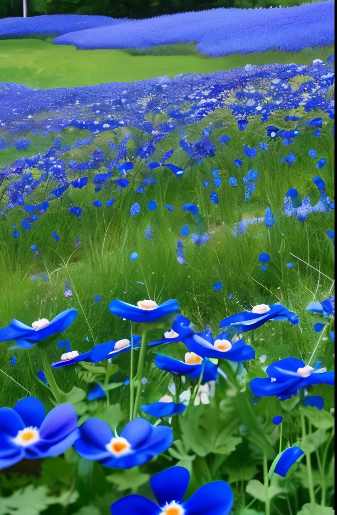 there are three blue flowers that are growing in the grass, a portrait by Hans Schwarz, flickr, fine art, anemones, indigo blooming flowers garden, blue flowers, anemone, vibrant but dreary blue, brilliant royal blue, vibrant blue, blue flowers bloomed all over, blues. beautiful, rich blue colors, blue and violet, blue and purple