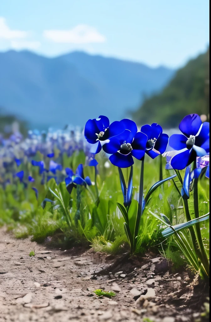 there are three blue flowers that are growing in the grass, a portrait by Hans Schwarz, flickr, fine art, anemones, indigo blooming flowers garden, blue flowers, anemone, vibrant but dreary blue, brilliant royal blue, vibrant blue, blue flowers bloomed all over, blues. beautiful, rich blue colors, blue and violet, blue and purple