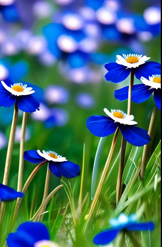 there are three blue flowers that are growing in the grass, a portrait by Hans Schwarz, flickr, fine art, anemones, indigo blooming flowers garden, blue flowers, anemone, vibrant but dreary blue, brilliant royal blue, vibrant blue, blue flowers bloomed all over, blues. beautiful, rich blue colors, blue and violet, blue and purple