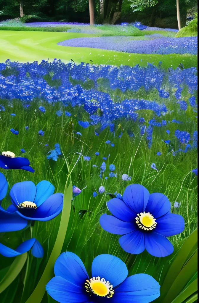 there are three blue flowers that are growing in the grass, a portrait by Hans Schwarz, flickr, fine art, anemones, indigo blooming flowers garden, blue flowers, anemone, vibrant but dreary blue, brilliant royal blue, vibrant blue, blue flowers bloomed all over, blues. beautiful, rich blue colors, blue and violet, blue and purple