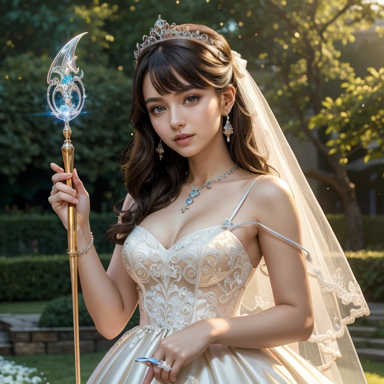 (​masterpiece, best quality:1.5), highest quality, High resolution, super detailed, Realists, Upper body photo of a brunette young magical girl, detailed and beautiful eyes, beautiful detailed lips, very detailed eyes and face, longeyelashes, white satin wedding dress, Holding a magic wand in your hand, Cast a transformation spell, With her magic wand she transforms into wedding guests, Glowing wands available,Beautiful and colorful makeup, elegant and noble々The jewelry bag, Gardens as background, soft daylight, bright colors, fine brushstrokes, Portrait style, Silk dress fabric, beautiful color palette, glowing skin, First-class rendering, that captures every detail, enchanting atmosphere, subtle shadows and lights, (perfect :1.2), (The stunning magical girl in a wedding dress turns stones into wedding guests (a transformation with the magic wand:1.4), (magnificent panorama view:1.2)