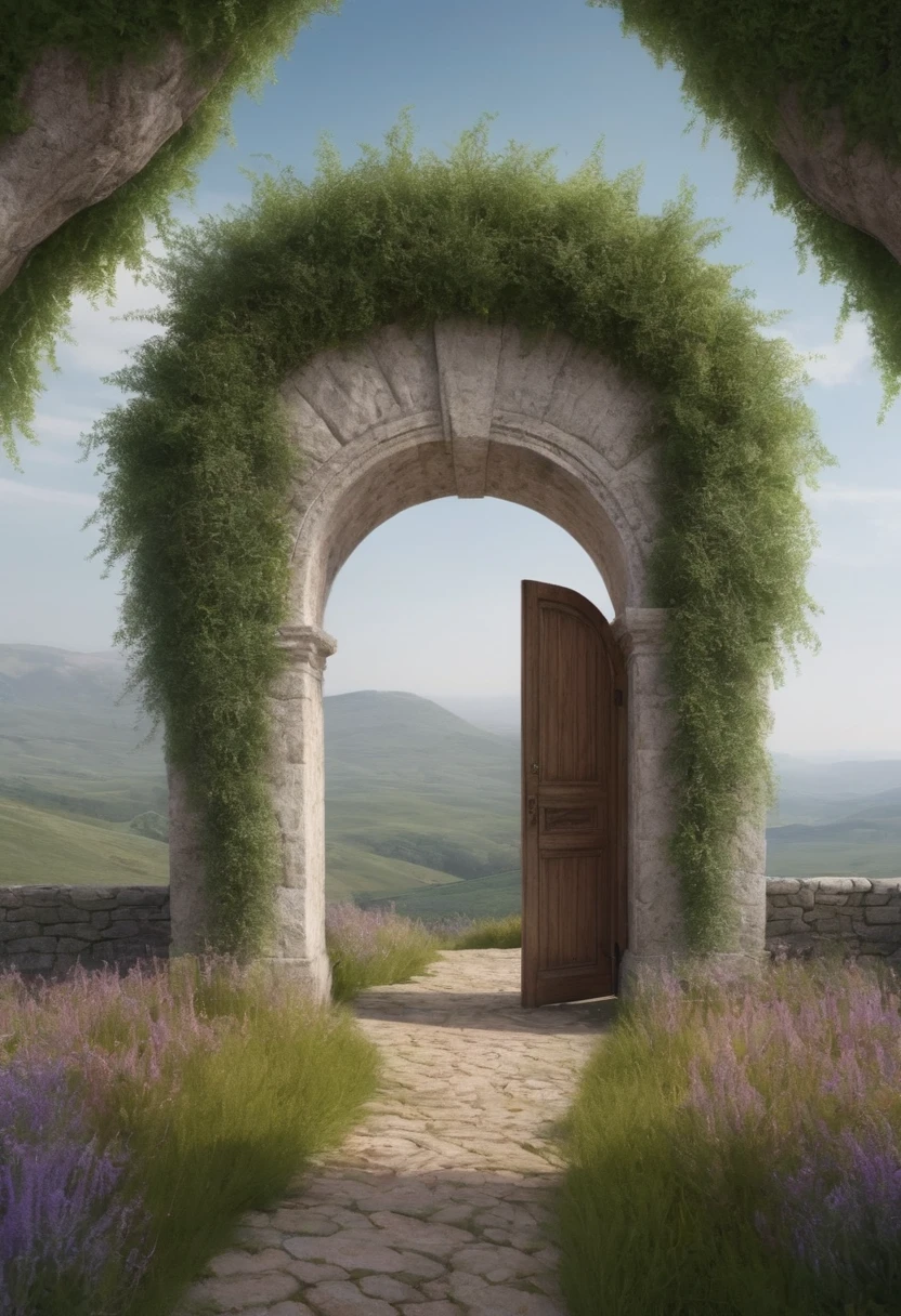 "subject description {A very wide door arch made of stones , intertwined with plants, standing in a landscape of beautiful wildflowers, with a brilliant white background emanating from within}, Image type {photorealistic image}, art styles {Surrealism}, camera {35mm}, shooting {medium shot}, Rendering related information {4k, hyper detailed, ambient light}"