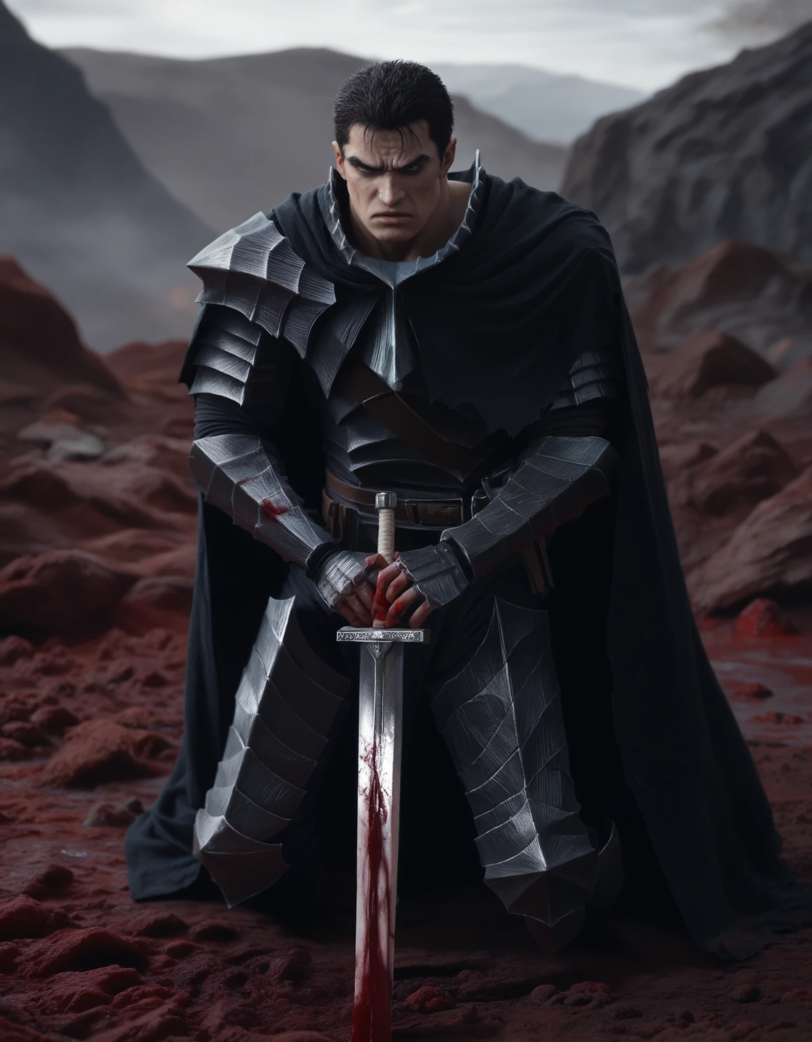 Dark fantasy-style illustration featuring Guts, also known as the Black Swordsman, with a stern expression, standing in a battle-ready pose. The character has short, dark hair and a rugged face with a determined look, reminiscent of Kentaro Miura's iconic style. He is dressed in black armor with red accents and a flowing black cape. The warrior wields a large, blood-stained Dragon Slayer sword, and the ground around him is littered with defeated, grotesque creatures, emphasizing a recent battle. The background is a dark, eerie landscape with jagged rock formations and a blood-red ground. At the bottom of the image, there is a signature in a stylized red font that reads 'ArtVision1999'. anime, anatomically correct, super detail, high quality, 4K