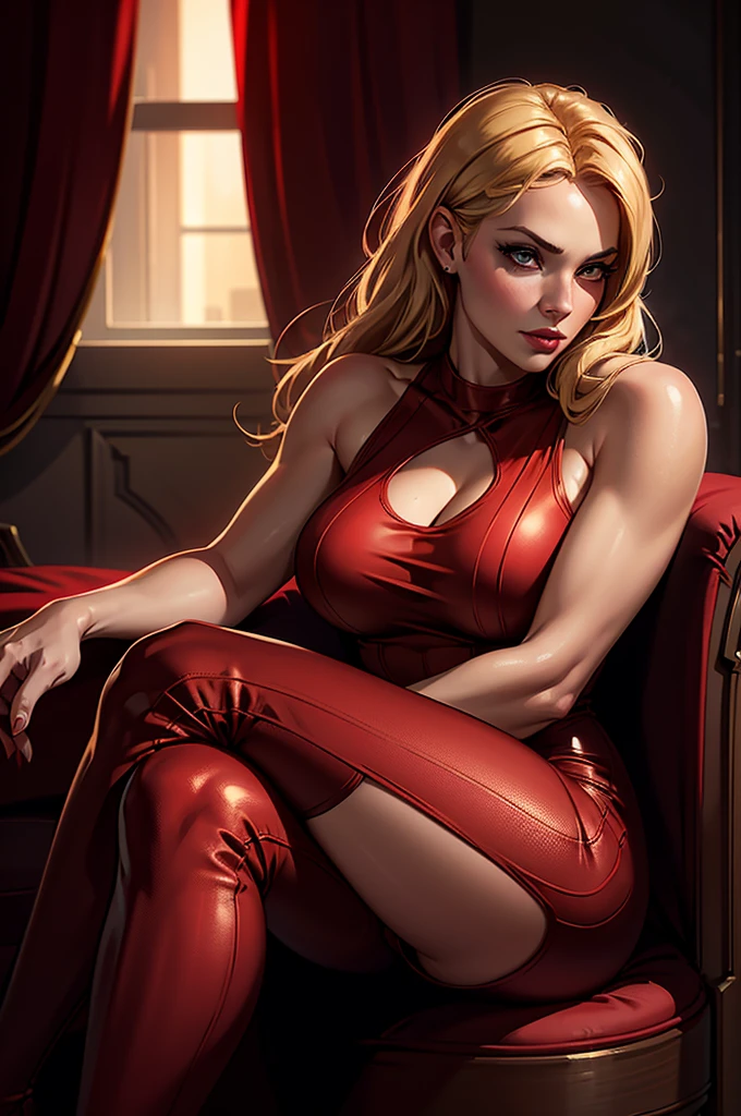 a beautiful woman with alluring eyes, full lips, and long eyelashes, sitting cross-legged, wearing a low-cut skin tight red dress, her legs and thighs exposed, blonde, a mischievous expression, low angle shot, high quality, photorealistic, dramatic lighting, cinematic, chiaroscuro, moody, sensual