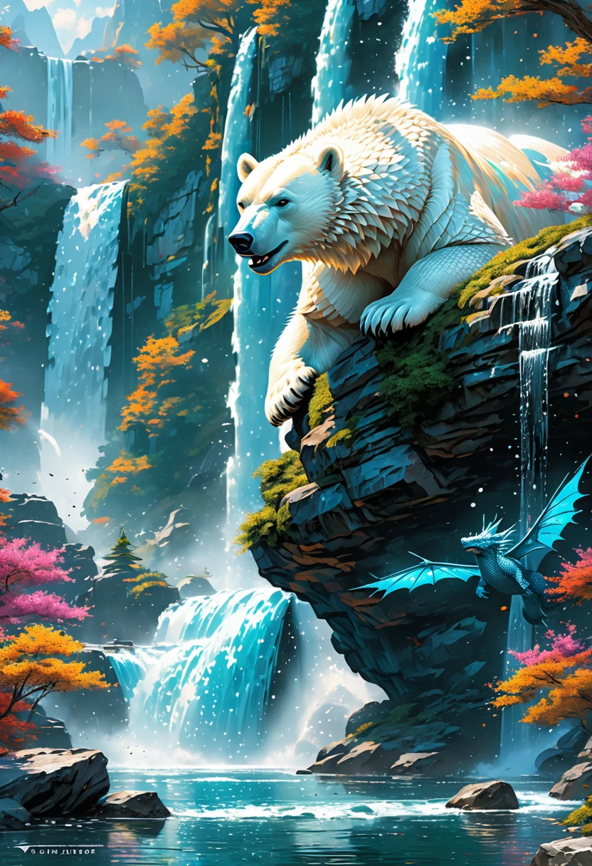 polarbear dragon hybrid. fur, scales. Wings. official art is an award-winning digital masterpiece in 4K Ultra HD, featuring extreme detail and intricate realism. It combines the artistry of Wlop and Artgerm in a stunning 2D vector illustration. The background is a tranquil waterfall. bright colorful.