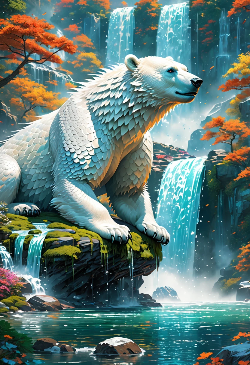 polarbear dragon hybrid. fur, scales. Wings. official art is an award-winning digital masterpiece in 4K Ultra HD, featuring extreme detail and intricate realism. It combines the artistry of Wlop and Artgerm in a stunning 2D vector illustration. The background is a tranquil waterfall. bright colorful.