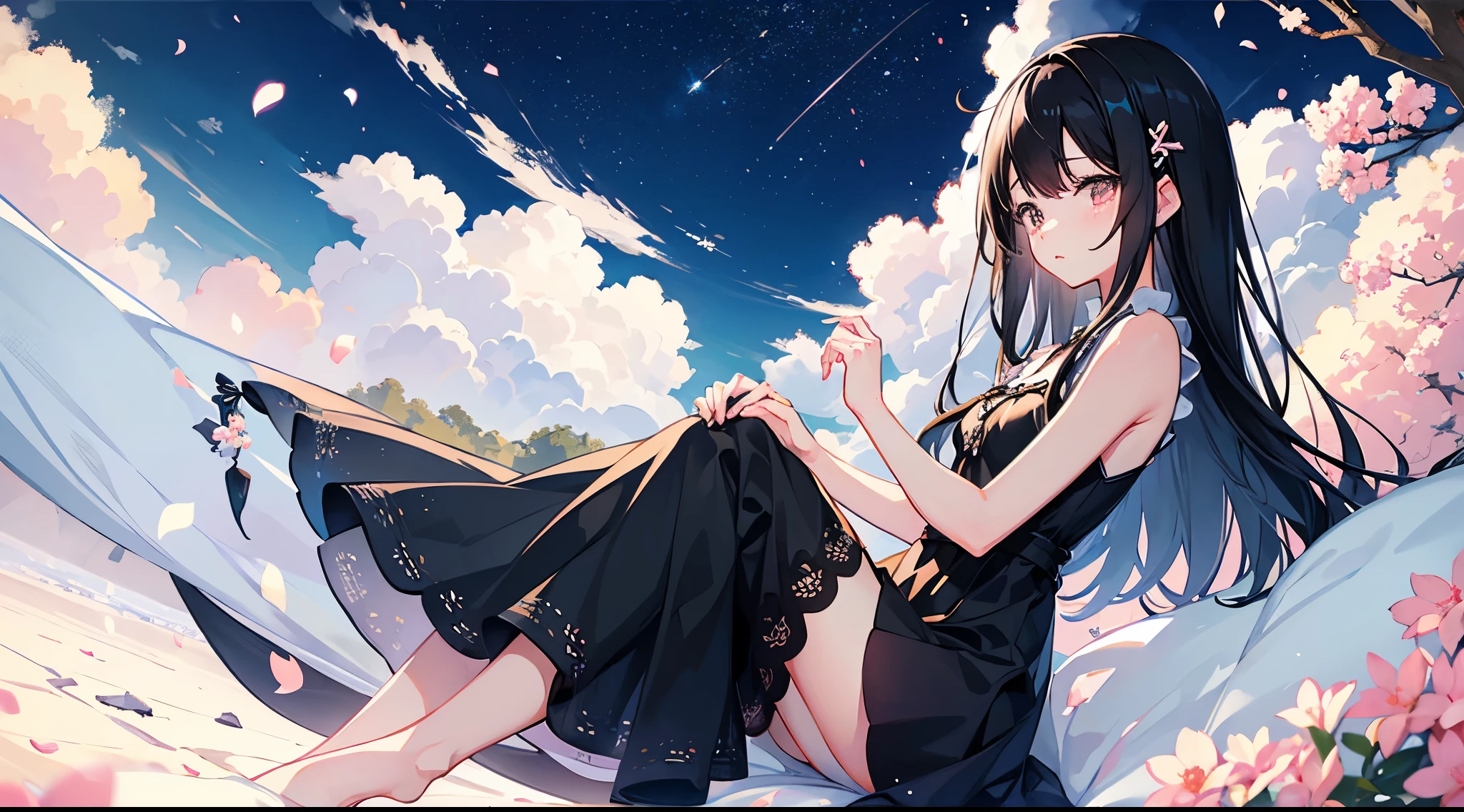 Cute illustrations、Girl、Black Hair、Half crying、My eyes are watering、Wearing a dress、一人のGirl、The background is night、Walk looking down、