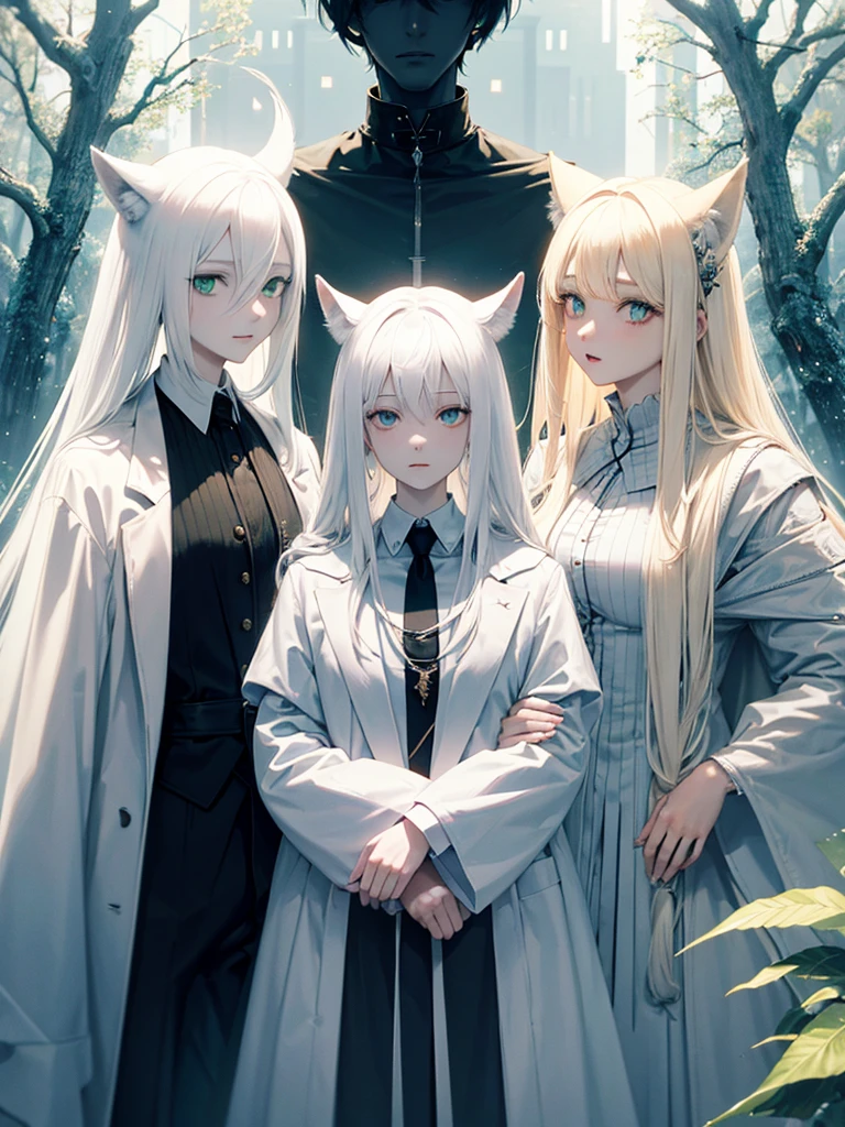 A psychologist with a white coat and wolf ears, beautiful, albino, tall, 28 years old, with his two twin sisters with emerald green eyes.