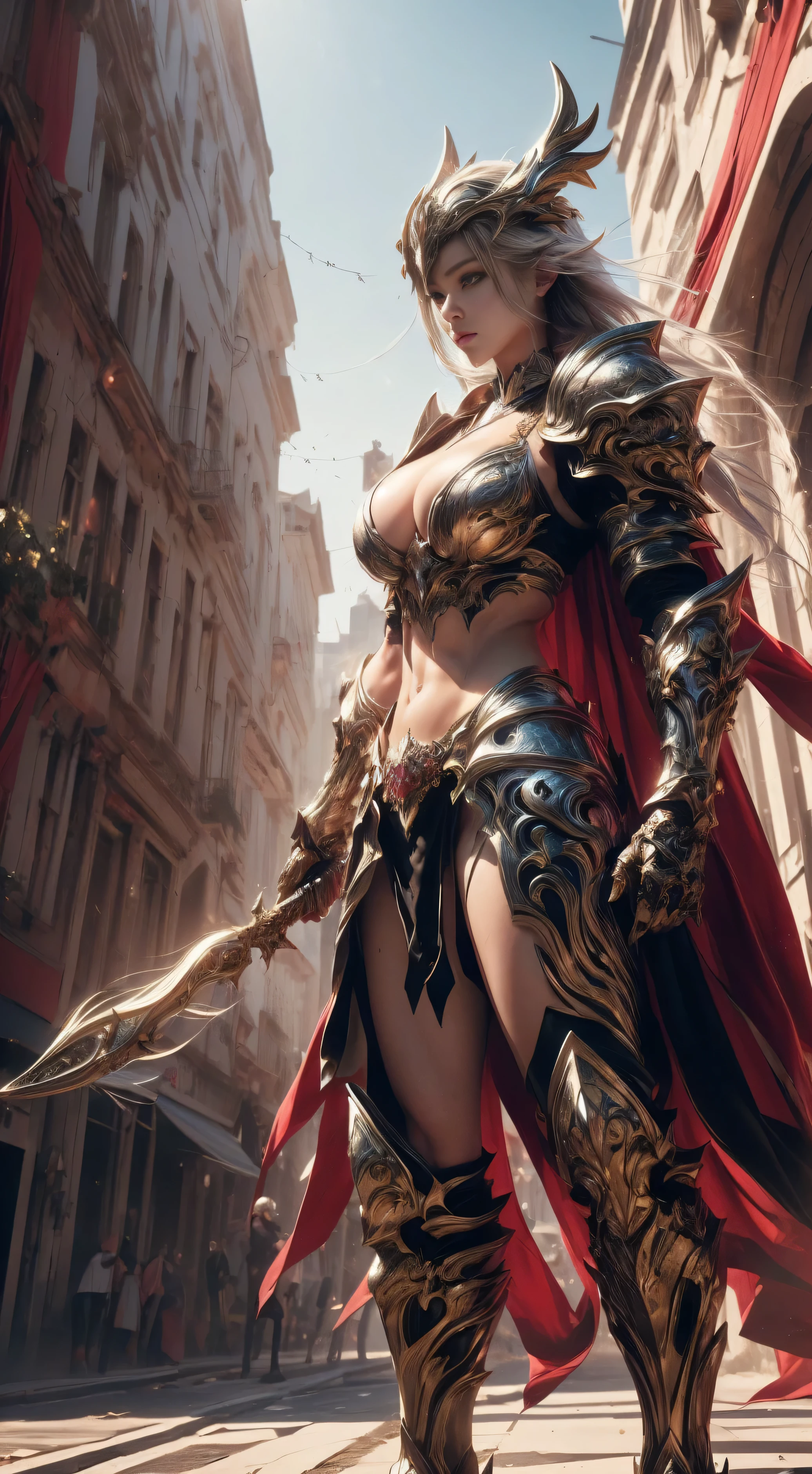 (best quality, 8k, 32K, illustration, ultra high definition: 1.2), professional photos, realistic photo, fancy, Multiple angles, photo taken up close, beauty warrior,sexy, (Goddess of Beauty), 1 girl,
((huge screen: 1.2, Long, natural breasts with prominent cleavage, Armor)), ,
muscular abdomen, beautiful breasts, fascinating beauty, Your blue eyes shine with determination.,
While her golden hair falls in soft waves over her shoulders. ((Vestida con Armor finamente elaboradas, with golden and sexy details, Armor
그녀는 변태적인 관능미를 고양한다, Armor
섬세한 라인과 복잡한 디테일이 당신의 존재감을 더욱 매혹적으로 만들어줍니다... A flowing cloak that dances with the wind.., Armor
se ajusta para resaltar su feminidad y abdomen tonificado. (surreal), (illustration), (high resolution), (8k), (very detailed), (best illustration), (Beautiful and detailed visual quality), (very detailed), (master part),
(realistic) , (natural light), (lighting border), (detailed face), (사실적이고 very detailed 피부 질감.), (anatomically correct), (alone), (1 girl), (very detailed realistic 머리카락), Black fur, colors :1.2,,
(exotic eyes), (detailed green eyes), (small dots weep in the eyes), (se nos grandes e realistas:1.5), (seNos expuestos:1.long legs), (skinny abs), (dynamic pose) , building outdoor scenery