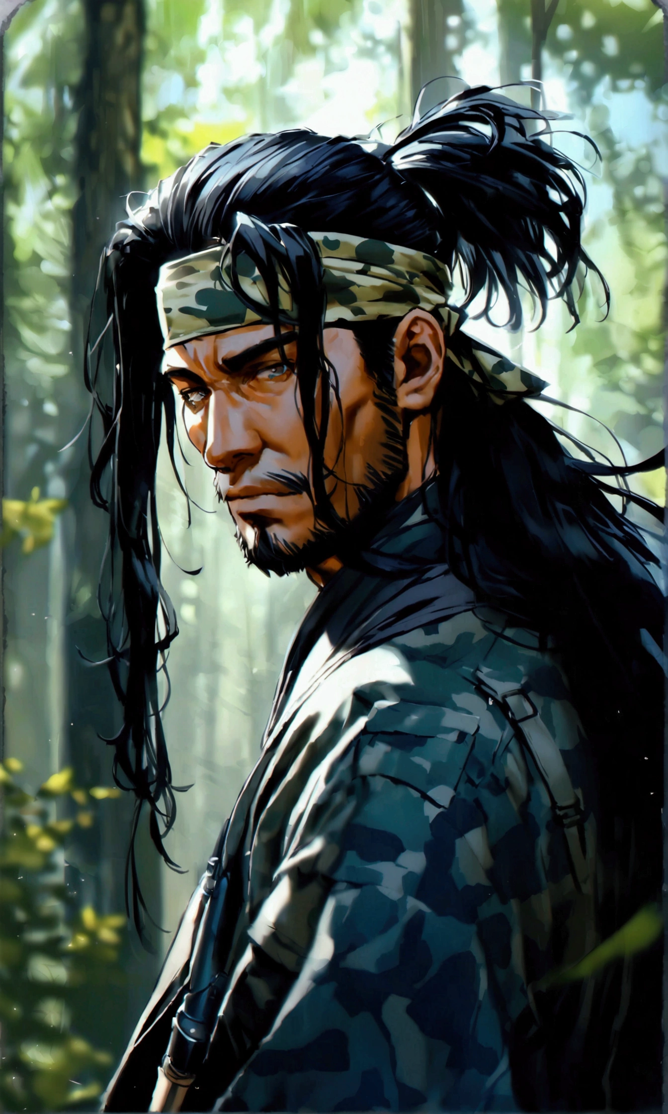 Masashi is a tall, extremely muscular man. His face has very rough features, such as dark, deep eyes. Her long black, shrunken hair runs down to the back of her neck and is held in a forest camouflage bandana.
In addition to his bandana, his outfit consists of a black tank top and dark green cargo pants. He is sometimes seen wearing a dark green, unbuttoned military coat with rolled-up sleeves at the elbows. His accessories consist of two dark green headbands, one worn on each wrist, and a small necklace of the cross of Christianity. He wears camouflage combat boots. He carries a combat knife, which he uses in battle.