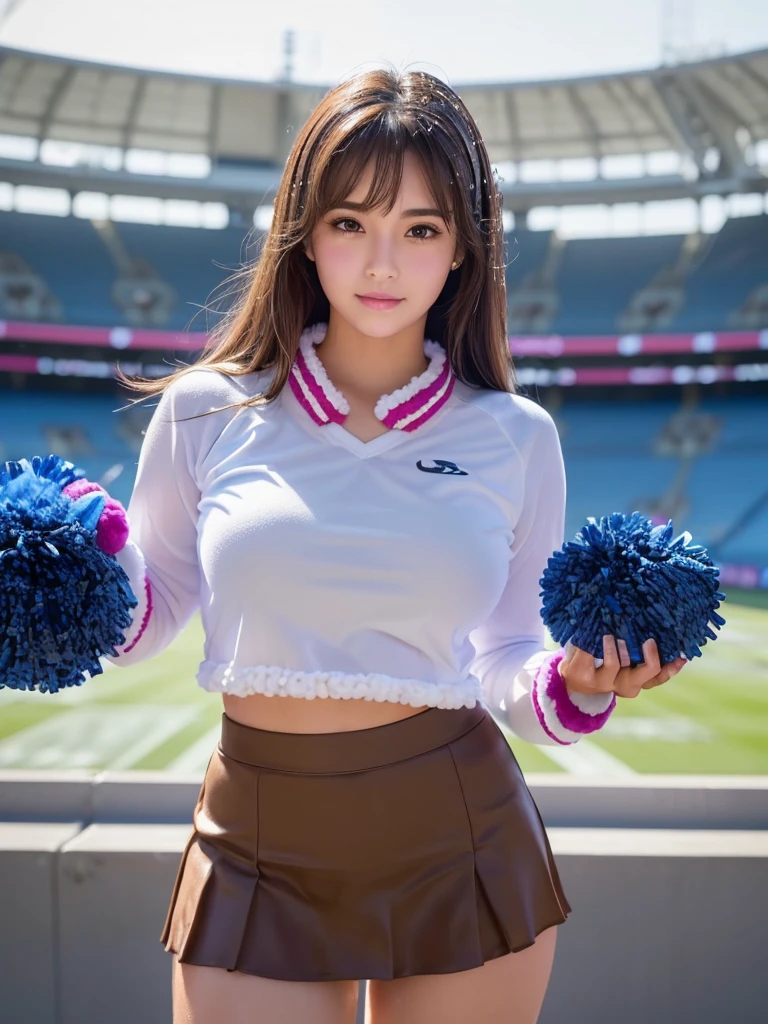 masterpiece,Highest quality,Very detailed,High resolution,(Realistic, photoRealistic:1.37),Excellent anatomy, One beautiful girl,20-year-old,Height: 152cm,Blue Cheerleader,(Holding a large pom-pom in both hands:1.5),A small smile,cheer leading,Cheerleader uniform,(shape),Micro Pleated Mini Skirt,No underwear,((Very delicate and beautiful)),((Stadium Background:1.2)),locker room,Brown Hair,Long Hair,bangs,Very beautiful face,Cute type,Big Natural Color Lip,Small and cute nose,Big and pretty eyes,Brown eyes,Obvious double,Shiny highlight spots around the eyes,Character Focus,Tilt your head,The best light,Best Shadow,mysterious,Perfect Face,Very detailed, Soft Skin,(Glowing Skin, Sweaty: 1.5),Beautiful feet,Voluptuous thighs,Plump body,Huge breasts,(Expresses the roundness and softness of the chest area.........1), Beautiful body,(The perfect woman)