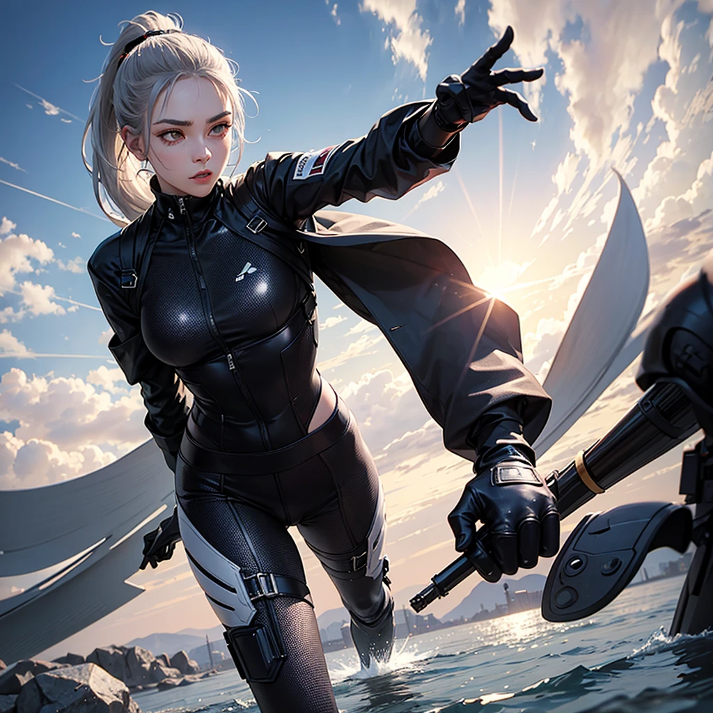 Girl, ponytail brow hair. Silver eyes. Morning sunlight. Spy suit.