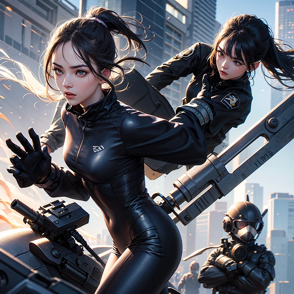Girl, ponytail brow hair. Silver eyes. Morning sunlight. Spy suit.