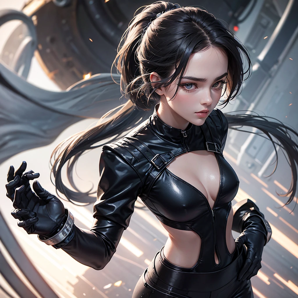 Girl, ponytail brow hair. Silver eyes. Morning sunlight. Spy suit.