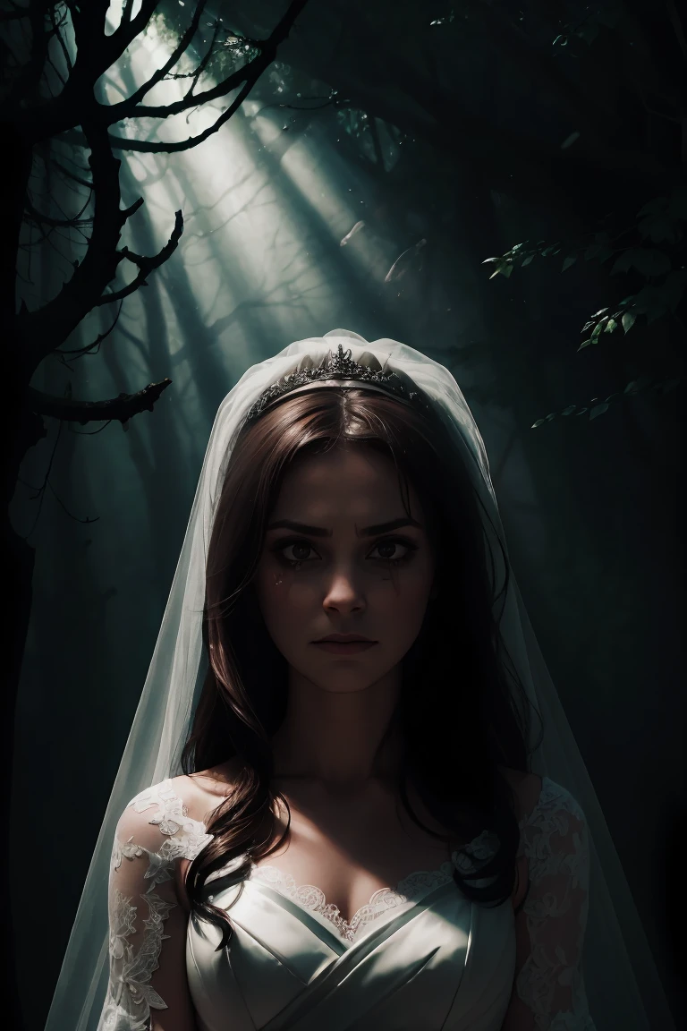 Face of a sad bride in the forest, macabre dinner, tears, Terror, Cinema lighting, shady look