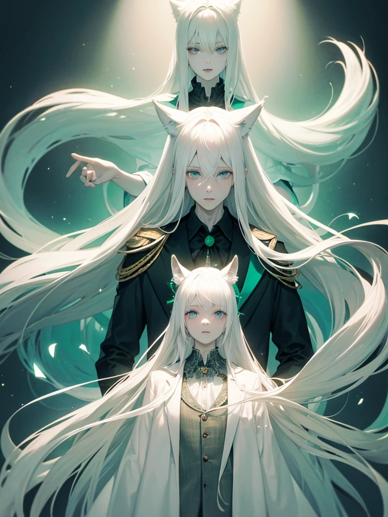 A psychologist with a white coat and wolf ears, beautiful, albino, tall, 28 years old, with his two twin sisters with emerald green eyes.
