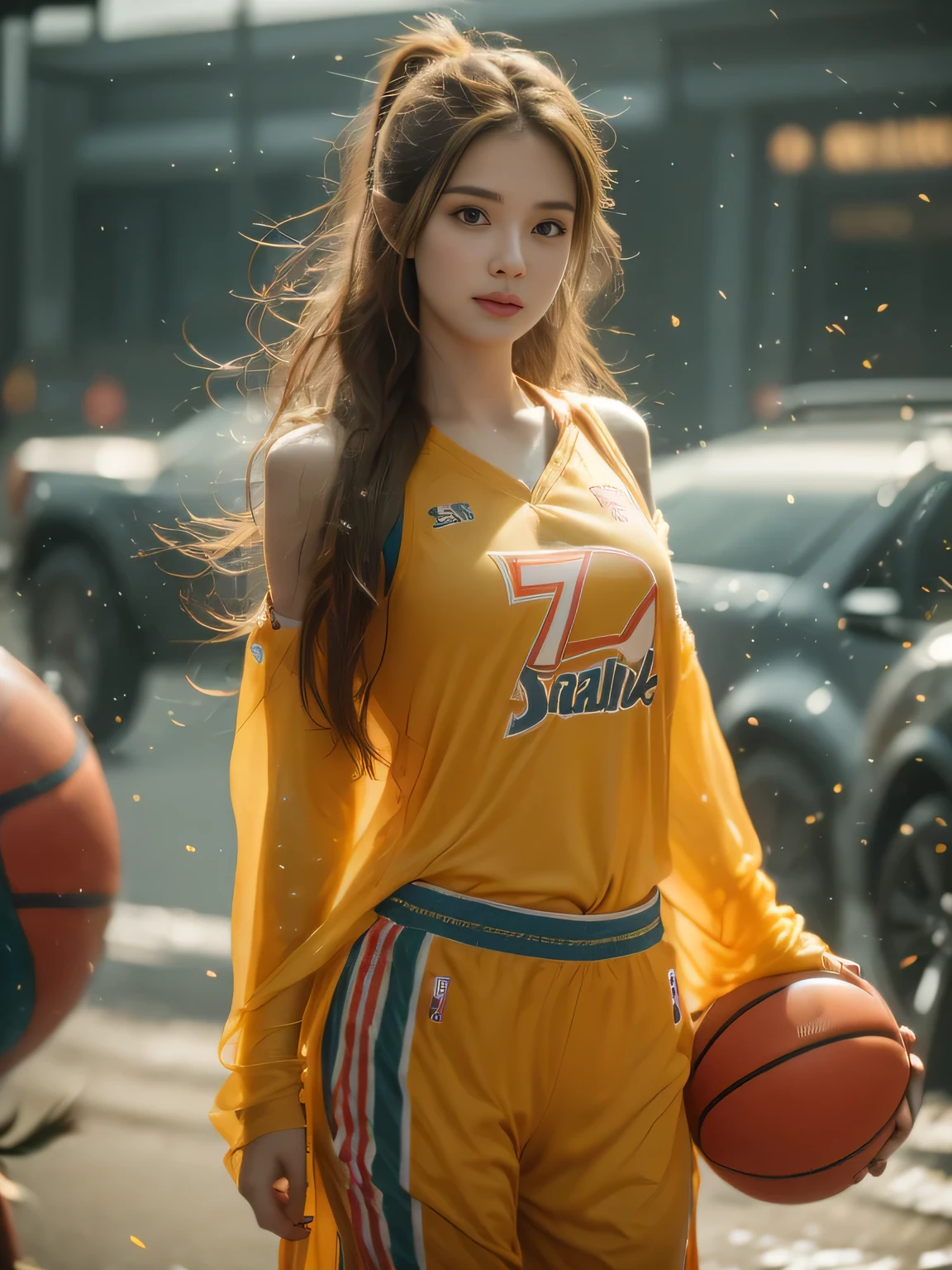 1 girl standing, Wearing a basketball jersey, Very detailed, Practical, Ball, 27 years old, Long hair