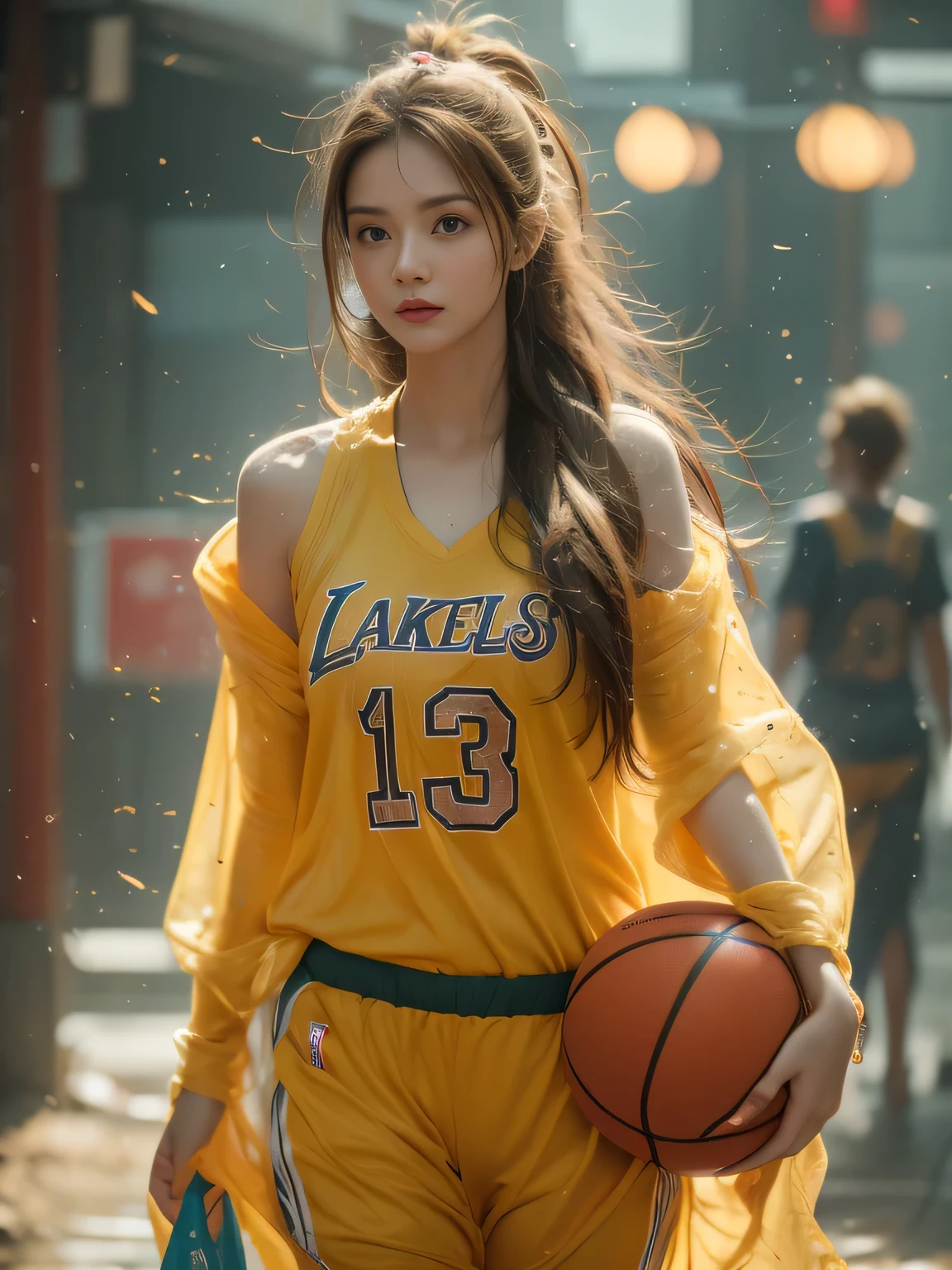 1 girl standing, Wearing a basketball jersey, Very detailed, Practical, Ball, 27 years old, Long hair